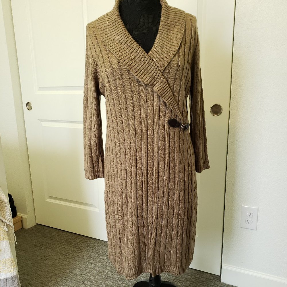 Dana Buchman Tan Long Sleeve Shawl Sweater Dress